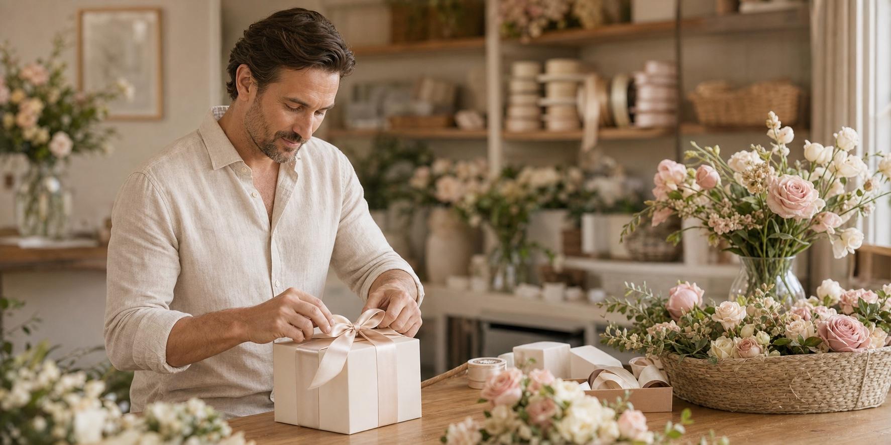 Gordon carefully tying ribbon around a gift in his studio